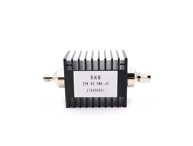 20 dB Fixed Attenuator, SMA Male to SMA Female Black Anodized Aluminum Heatsink Body Rated to 25Watts Up to 6 GHz