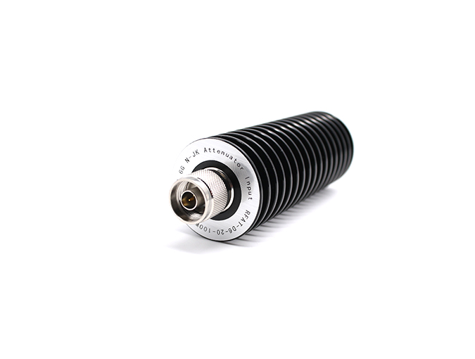 20 dB Fixed Attenuator, N Male to N Female Black Anodized Aluminum Heatsink Body Rated to 100 Watts Up to 6 GHz